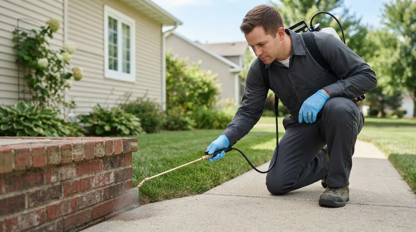 Pest control technician treating a home near Sheffield, IL
