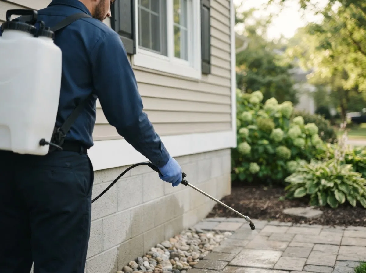 Pest control technician inspecting a home in Sheffield, IL